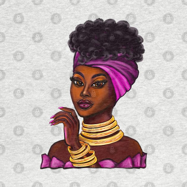 Queen Black is beautiful anime manga black girl with Gold bangles, neck ring necklace, purple dress and head wrap, brown eyes and dark brown skin ! by Artonmytee